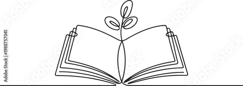 Opened book with sprout plant in one continuous line drawing . Education study and knowledge concept in simple linear style.one line drawing vector illustration