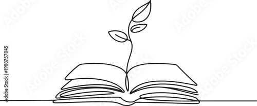 Opened book with sprout plant in one continuous line drawing . Education study and knowledge concept in simple linear style.one line drawing vector illustration