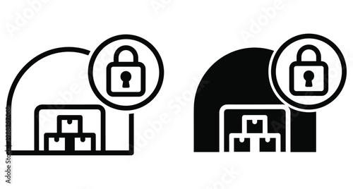 Secure warehouse storage icon set featuring boxes inside a hangar with a padlock symbol for logistics safety and inventory protection