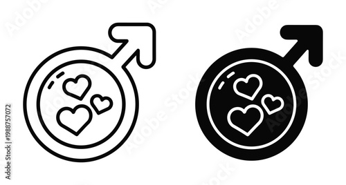 Male gender symbol with hearts inside representing love masculinity health and romance in outline and solid black icon styles