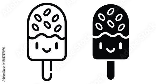 Cute kawaii ice cream bar icons with smiling faces and sprinkles in outline and solid black glyph vector style