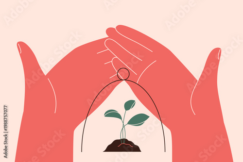 Adults hands covered young sprout with glass dome, which prevents it from growing higher. restriction of career growth concept. over control and oppression. vector illustration