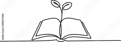Opened book with sprout plant in one continuous line drawing . Education study and knowledge concept in simple linear style.one line drawing vector illustration