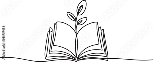 Opened book with sprout plant in one continuous line drawing . Education study and knowledge concept in simple linear style.one line drawing vector illustration