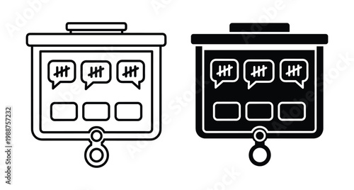 Presentation screen icon showing tally marks in speech bubbles for voting results data visualization and business meeting feedback analysis report