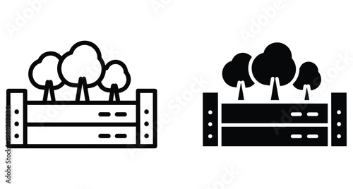 Wooden crate with young trees icon set for gardening agriculture nursery planting forest restoration environmental sustainability nature conservation and landscaping projects