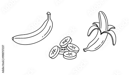 Banana Outline Icon Set Whole Peeled and Slice
