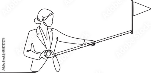 Illustration of businesswoman using measuring tape to analyze distance from target flag.one line drawing vector illustration