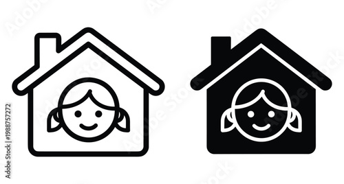 House icon with girl face inside representing stay at home child care family protection domestic safety and childhood education symbols