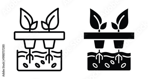 Hydroponic plant growth system icon set showing roots in water with leaves and nutrient solution for sustainable indoor farming agriculture