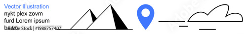 Navigation, travel, mapping, weather forecast, tourism, geographic exploration. Minimalist design of pyramids, blue location marker and cloud outline. Navigation and travel concept