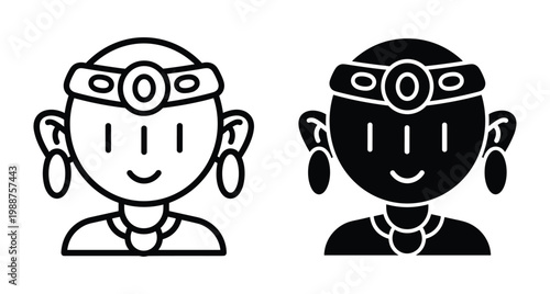 Monk priest character icon set with headband and jewelry in outline and solid black flat vector style for web design