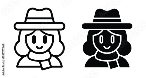 Female character avatar wearing stylish hat and winter scarf icon set featuring outline and solid black minimalist flat design elements