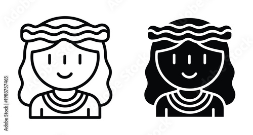 female avatar icon set representing a woman with long hair wearing a headband and necklace in line and solid style