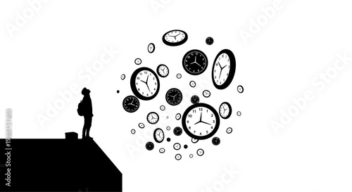 Man standing on cliff with floating clocks.