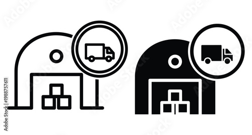 Warehouse storage building icon with delivery truck and cardboard boxes for logistics shipping distribution and industrial supply chain management services