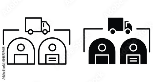 Logistics distribution center icon set featuring delivery truck and warehouse storage buildings for shipping transport and supply chain management services