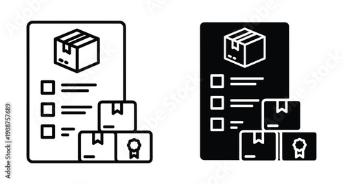 Logistics inventory checklist icon set showing cardboard boxes shipping document delivery tracking order fulfillment warehouse management supply chain distribution service