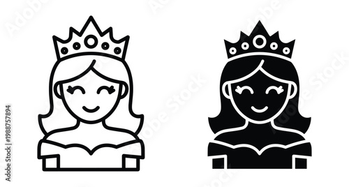Princess icon set featuring a royal girl wearing a crown in outline and solid black styles for web and mobile apps
