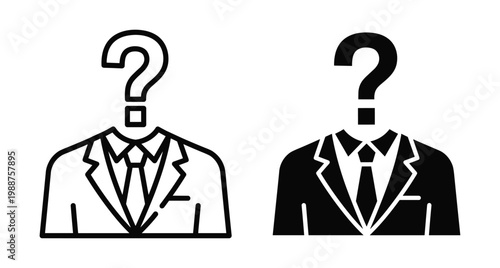 Anonymous businessman icon set with question mark head representing unknown identity mystery candidate recruitment profile avatar and corporate privacy concept