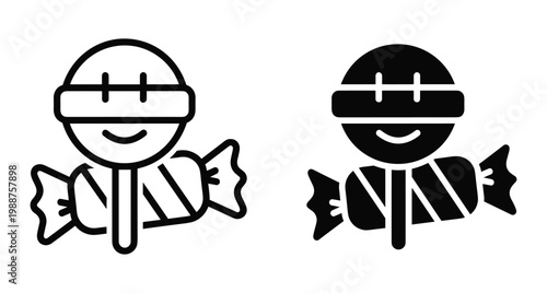 Lollipop and wrapped candy icons in outline and solid styles for sweet shop confectionery dessert with sugar snack graphic design