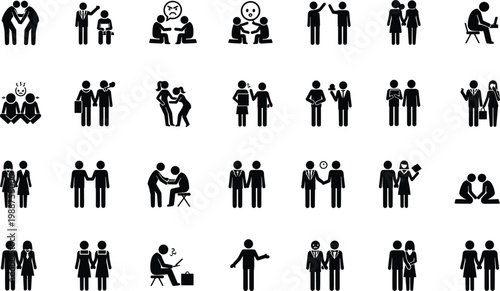 Collection of diverse people interactions and relationships in black silhouettes on white