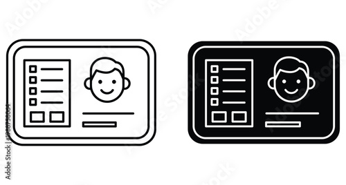 Identification card icon set featuring male profile avatar with personal data fields and checkboxes for membership or driver license verification