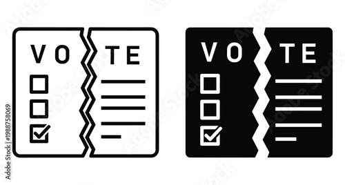 torn ballot paper icon set representing election fraud invalid voting results political division protest democracy crisis and broken government system