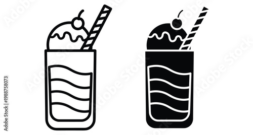 Milkshake icon set featuring ice cream float with cherry and striped straw in glass outline and solid silhouette style graphic