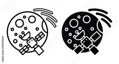 Satellite orbiting moon planet icon set with communication technology spacecraft and lunar surface craters in outline and solid glyph style