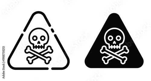 Skull and crossbones danger warning sign icon set with outline and solid versions inside triangle for toxic hazard alert