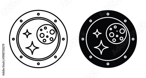spaceship porthole window icon set showing moon with craters and stars in outer space for science fiction and astronomy design