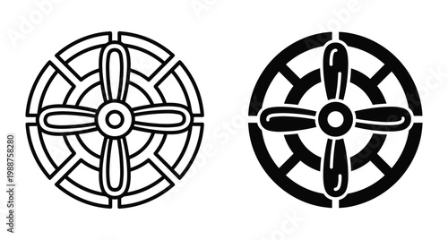Industrial fan and propeller icons set featuring outline and solid black designs for ventilation cooling systems and mechanical engine parts
