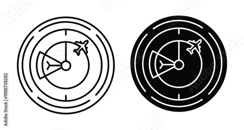 Radar screen icon set showing airplane tracking for air traffic control navigation and aviation safety monitoring in outline and solid styles