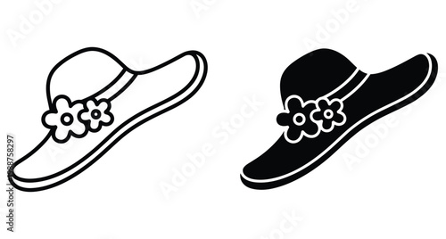 Wide brimmed sun hat with flower decoration icon set featuring outline and solid black silhouette styles for summer fashion design