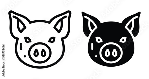 Pig head icon set featuring outline and solid black vector designs for farm livestock animal branding and agricultural graphic symbols
