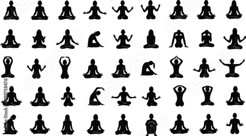 Yoga poses silhouette collection in black, diverse positions for meditation and wellness vector