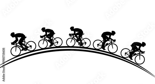 Group of Cyclists Racing Uphill on a Curve, Dynamic Action, Isolated White Background