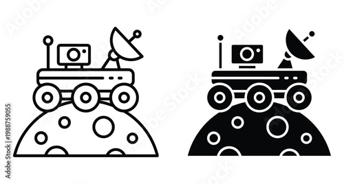 Lunar rover icon set featuring space exploration vehicle on moon surface with satellite dish and camera in line and solid styles