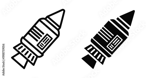 Space rocket icon set featuring outline and solid black silhouette designs for spacecraft launch exploration technology and science mission projects
