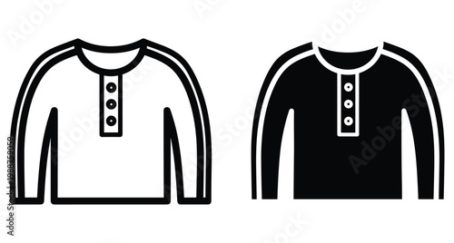 Long sleeve henley shirt icon set with buttons and sleeve stripes in outline and solid black flat vector style