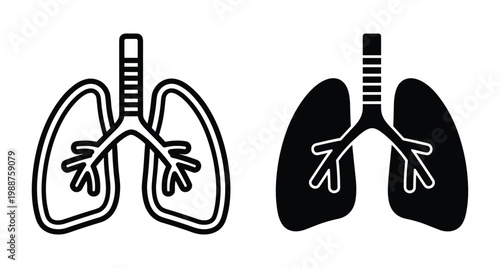 Human lungs icon set showing respiratory system anatomy with trachea and bronchi in outline and solid black silhouette vector style