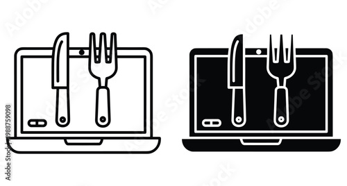 Online food delivery service icon set featuring laptop computer with fork and knife symbols for restaurant ordering and digital menu applications
