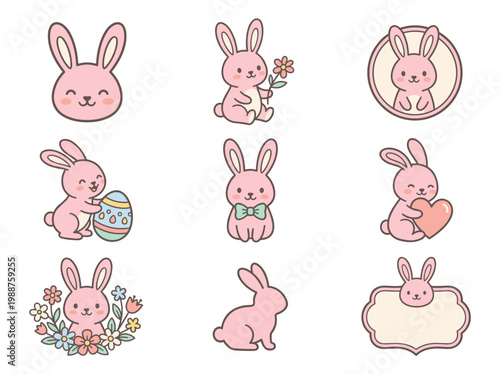Kawaii Pink Bunny Badge Illustrations: 9 Hand-Drawn Sticker Set for Baby Shower and Easter