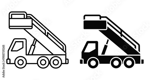 Airport passenger boarding stairs truck icon set for aviation ground support equipment mobile staircase vehicle for airplane embarkation and disembarkation