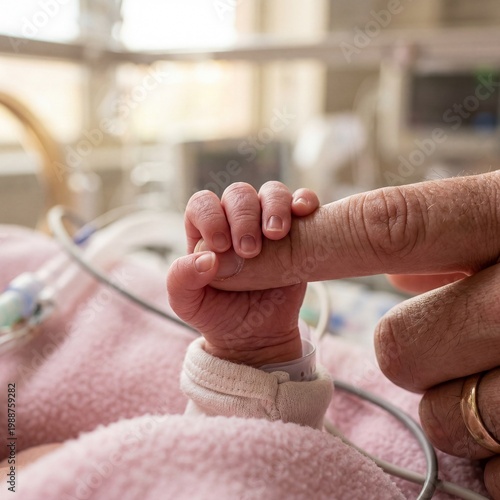 Premature baby hand holding parent finger in hospital