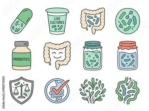 Gut health probiotic illustrations: set of 9 icons for supplement packaging, microbiome and digestive wellness