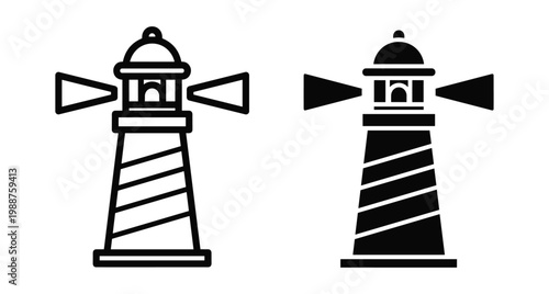 Lighthouse icon set featuring outline and solid black vector symbols for maritime navigation safety and coastal sea travel guidance design elements