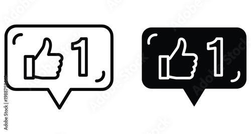 Social media notification icons showing thumbs up like symbol and number one inside speech bubble outline and solid black versions