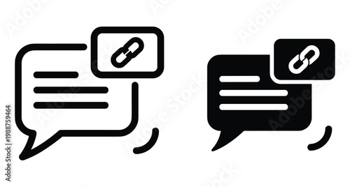 Chat bubble icon set with link symbol for message attachment sharing hyperlink communication interface web design elements vector graphics